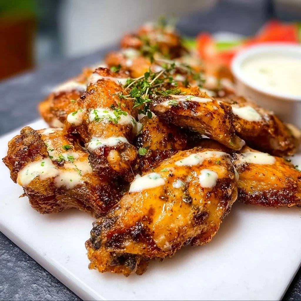 Crispy air fryer chicken wings garnished with herbs and spices.