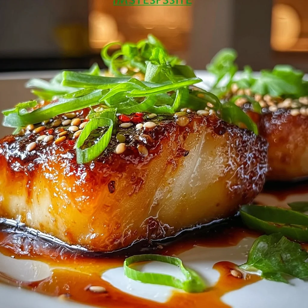 Ginger Soy Glazed Cod fillets garnished with green onions