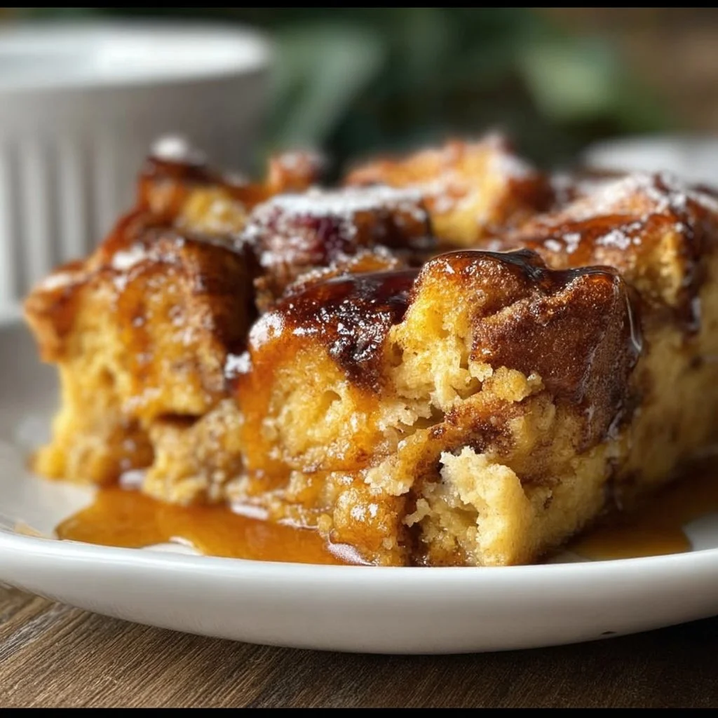 Baked French Toast Casserole with syrup and berries on a serving dish