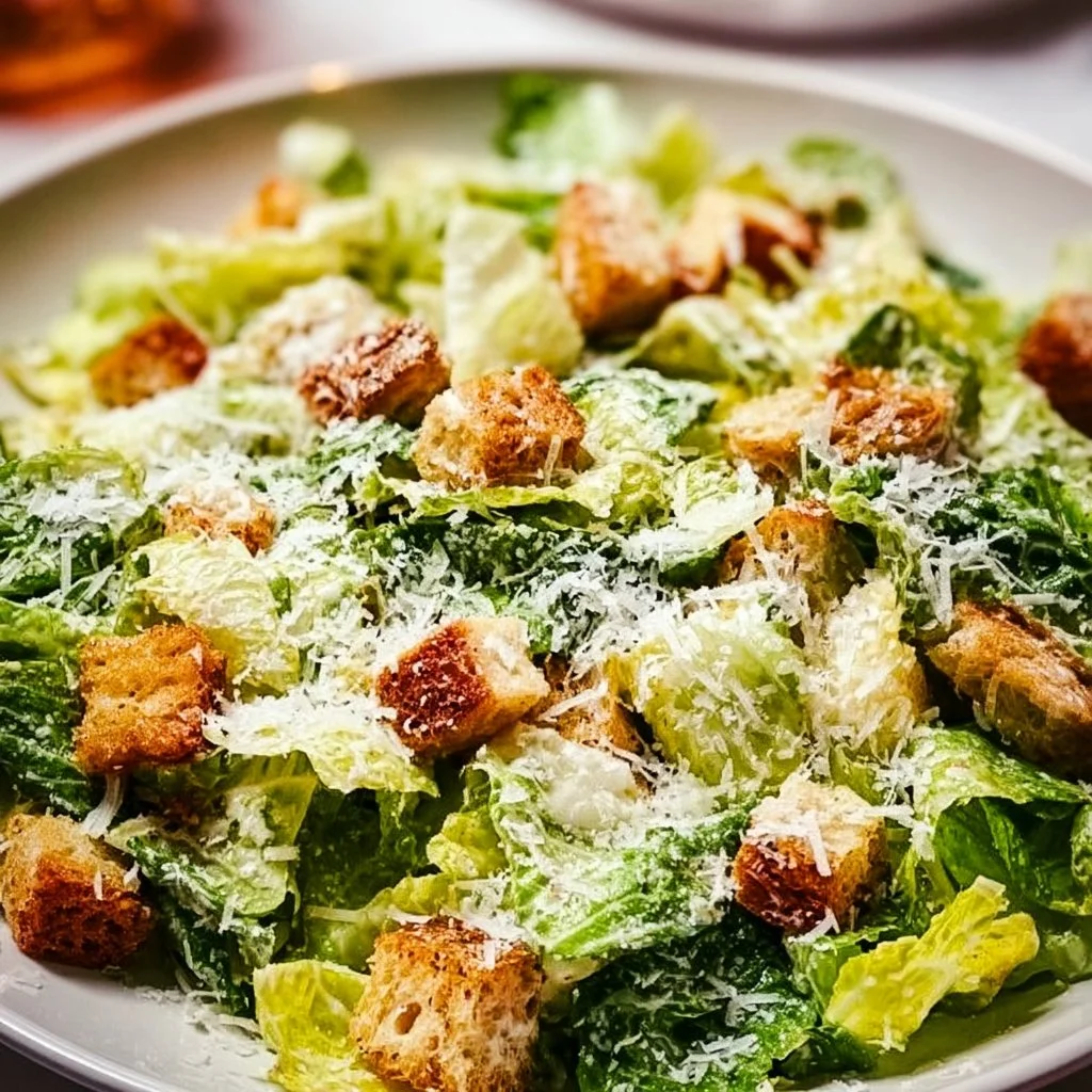 Delicious Caesar Salad with romaine lettuce, croutons, and creamy dressing