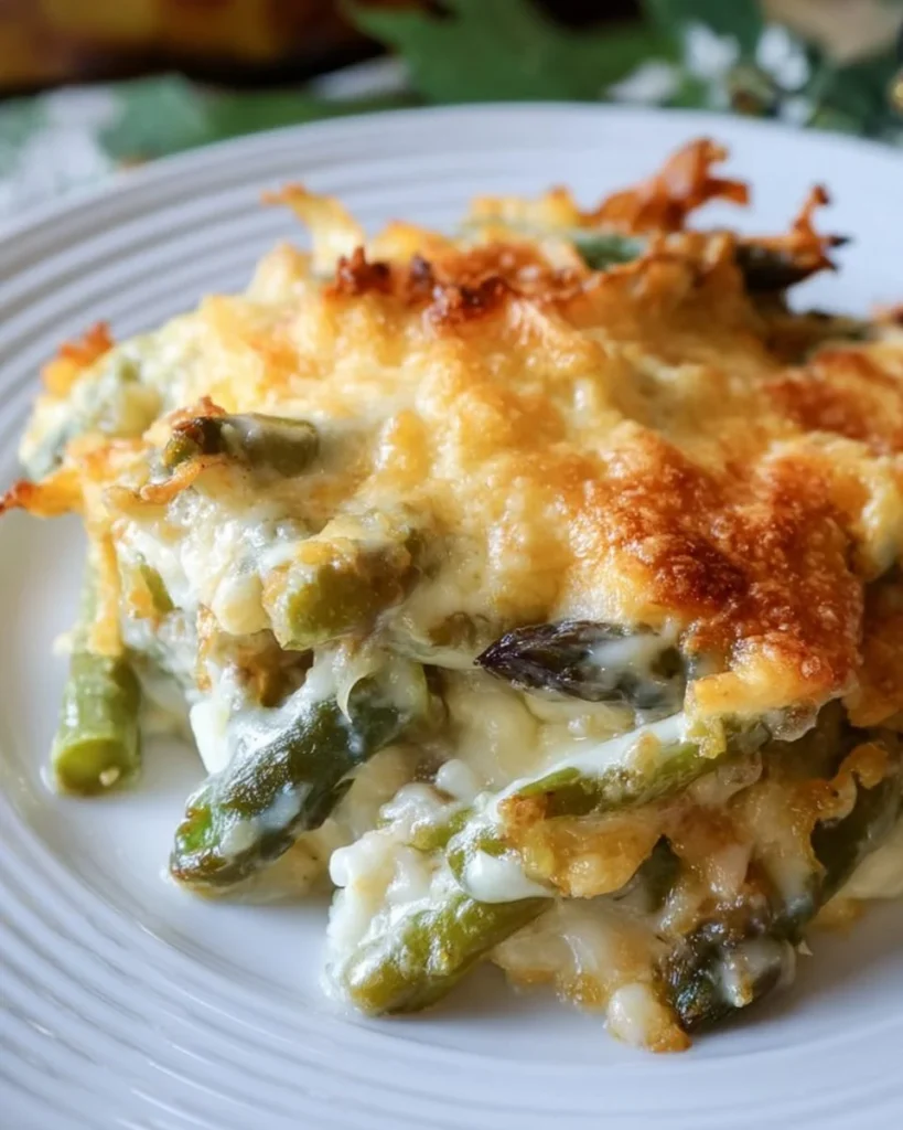 Delicious and creamy asparagus casserole served in a baking dish