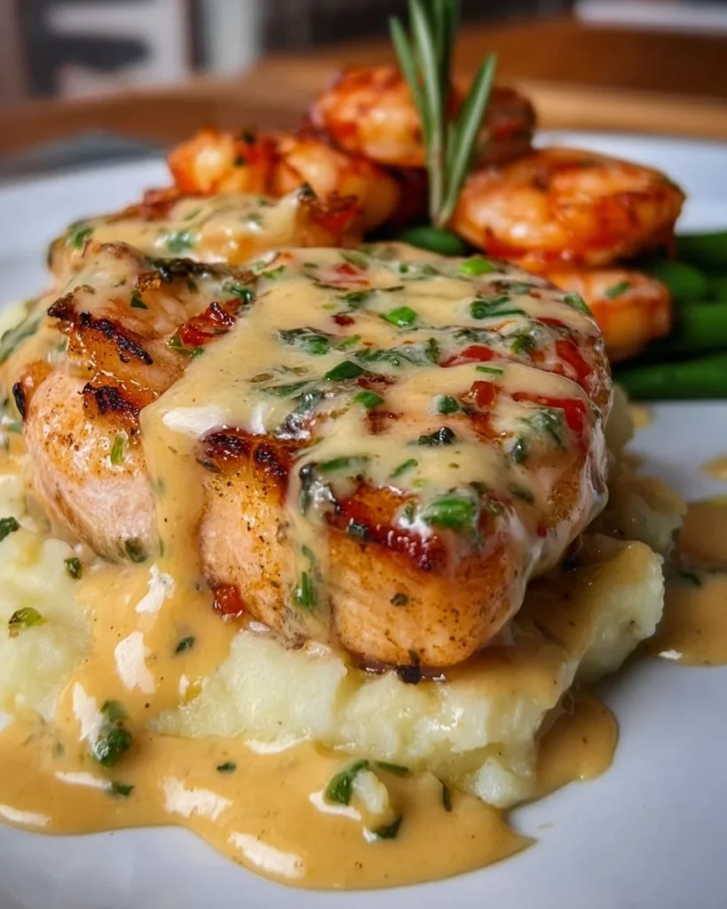 Delicious plate of Cajun shrimp and salmon served with spices and herbs.