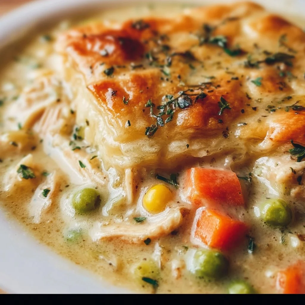 Delicious Chicken Pot Pie Soup served in a warm bowl with fresh herbs