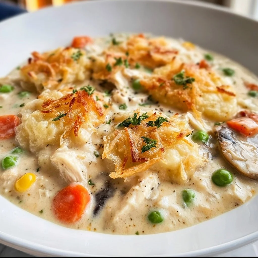 Delicious Chicken Pot Pie Soup topped with herbs in a bowl