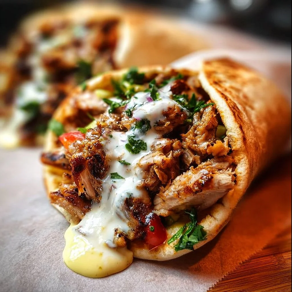 Chicken Shawarma served with creamy garlic sauce in a pita wrap.