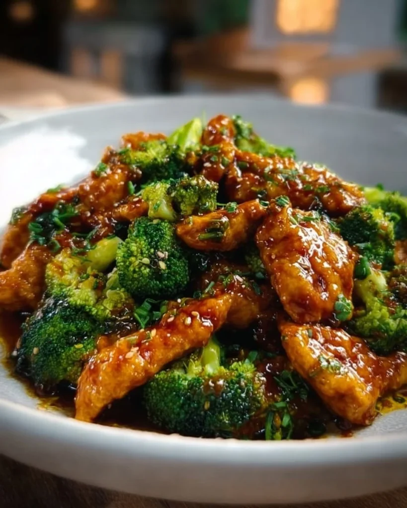 Delicious plate of Chinese chicken and broccoli with a savory sauce