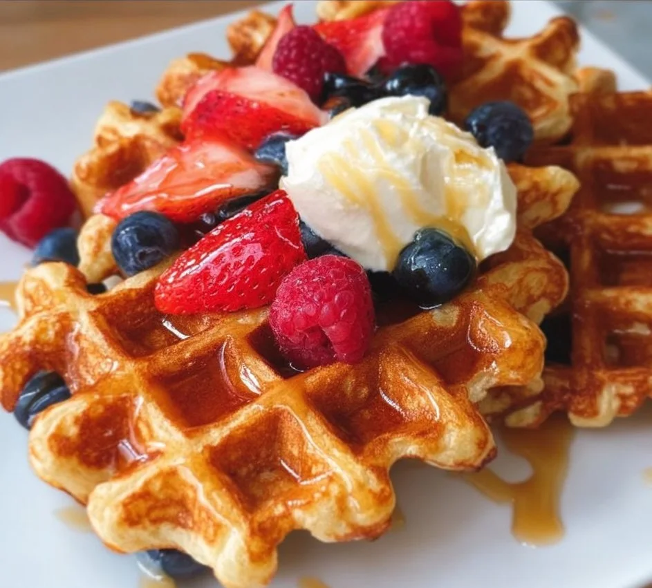 Golden brown cottage cheese waffles stacked on a plate with syrup