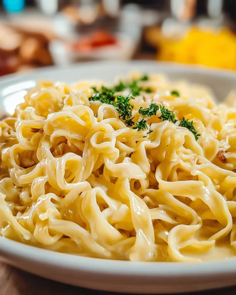 Creamy cafeteria noodles served in a bowl with a side of vegetables.