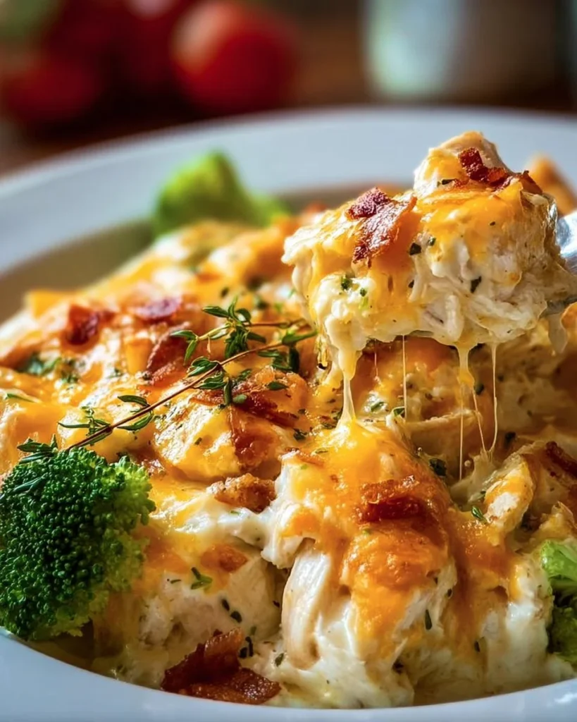 Creamy low carb chicken casserole dish with vegetables and cheese.