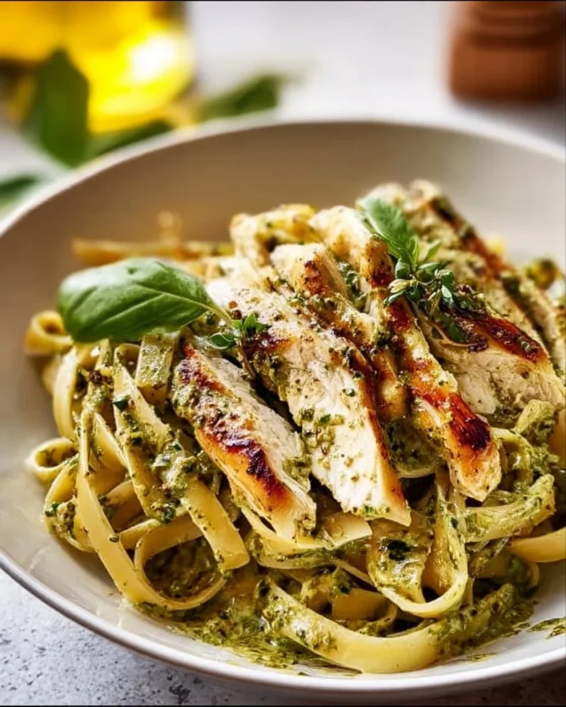 Creamy pesto chicken served with pasta on a plate