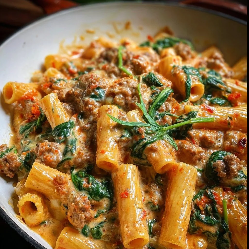 Creamy sausage rigatoni dish with spinach served in a bowl