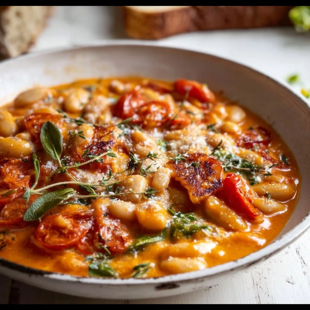 Creamy vegan tomato white bean stew served in a bowl with fresh herbs