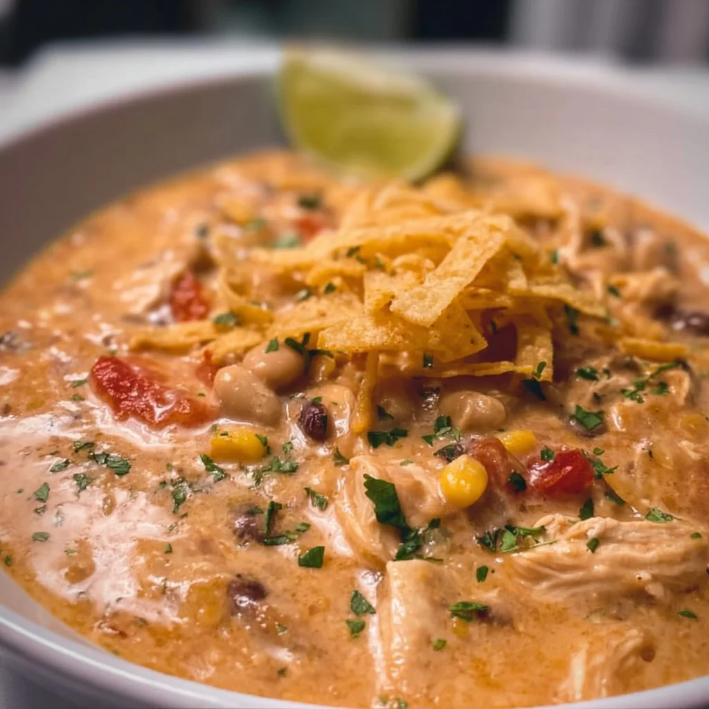 Creamy crockpot white chicken chili with cream cheese in a bowl