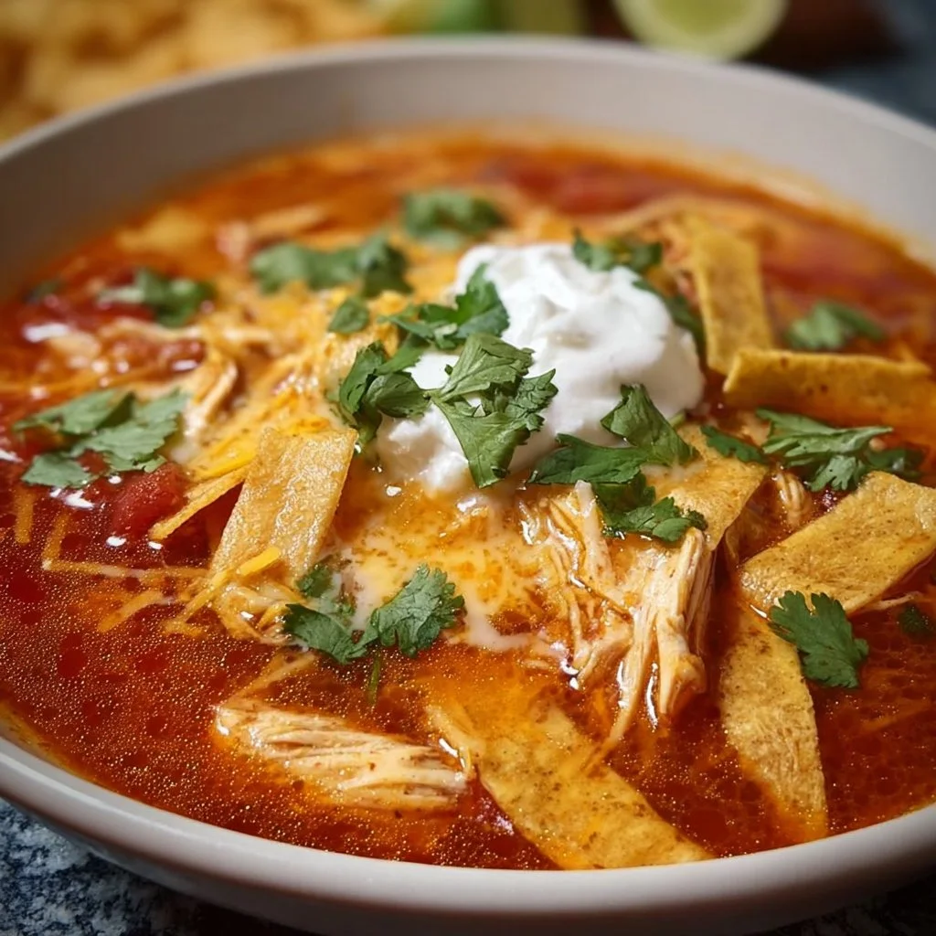Bowl of easy chicken tortilla soup garnished with tortilla strips and cilantro