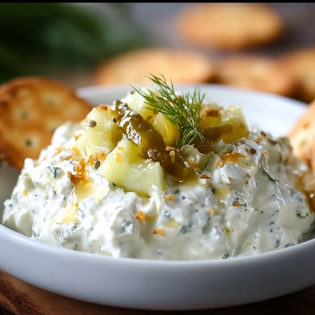 Easy dill pickle cottage cheese dip served with crispy crackers