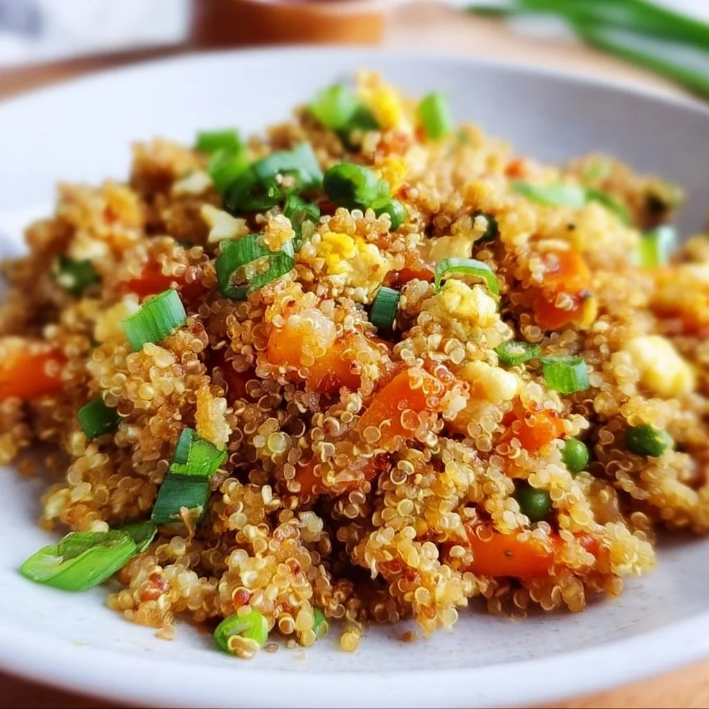 Delicious bowl of easy quinoa fried rice with colorful vegetables and herbs.