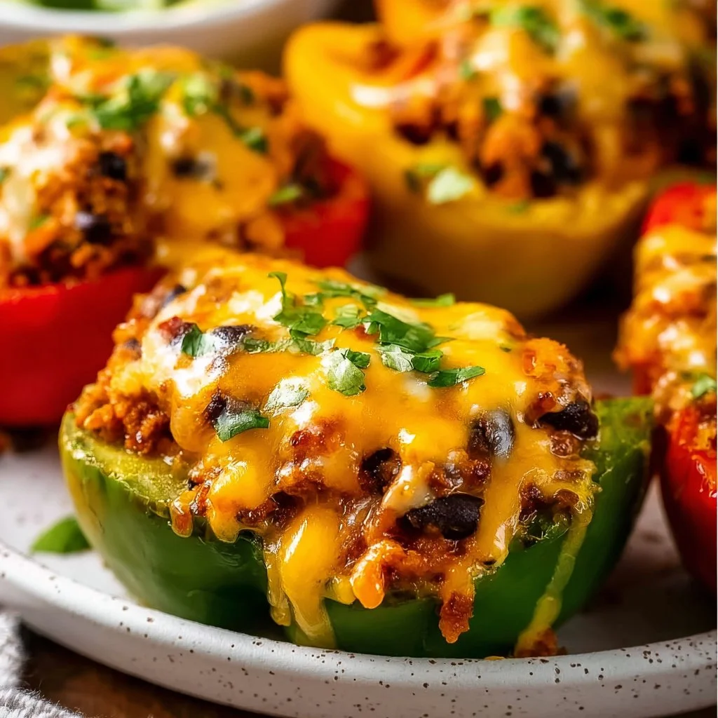 Easy taco stuffed peppers filled with beef, cheese, and vegetables.