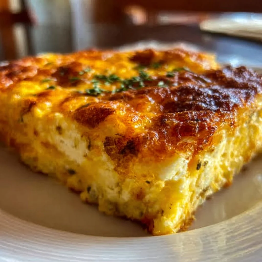 Fluffy cottage cheese egg bake casserole served in a dish