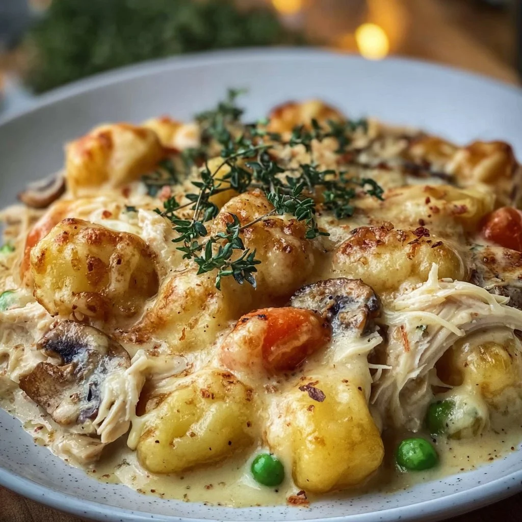 Delicious Gnocchi Chicken Pot Pie served in a bowl, featuring creamy chicken and gnocchi.