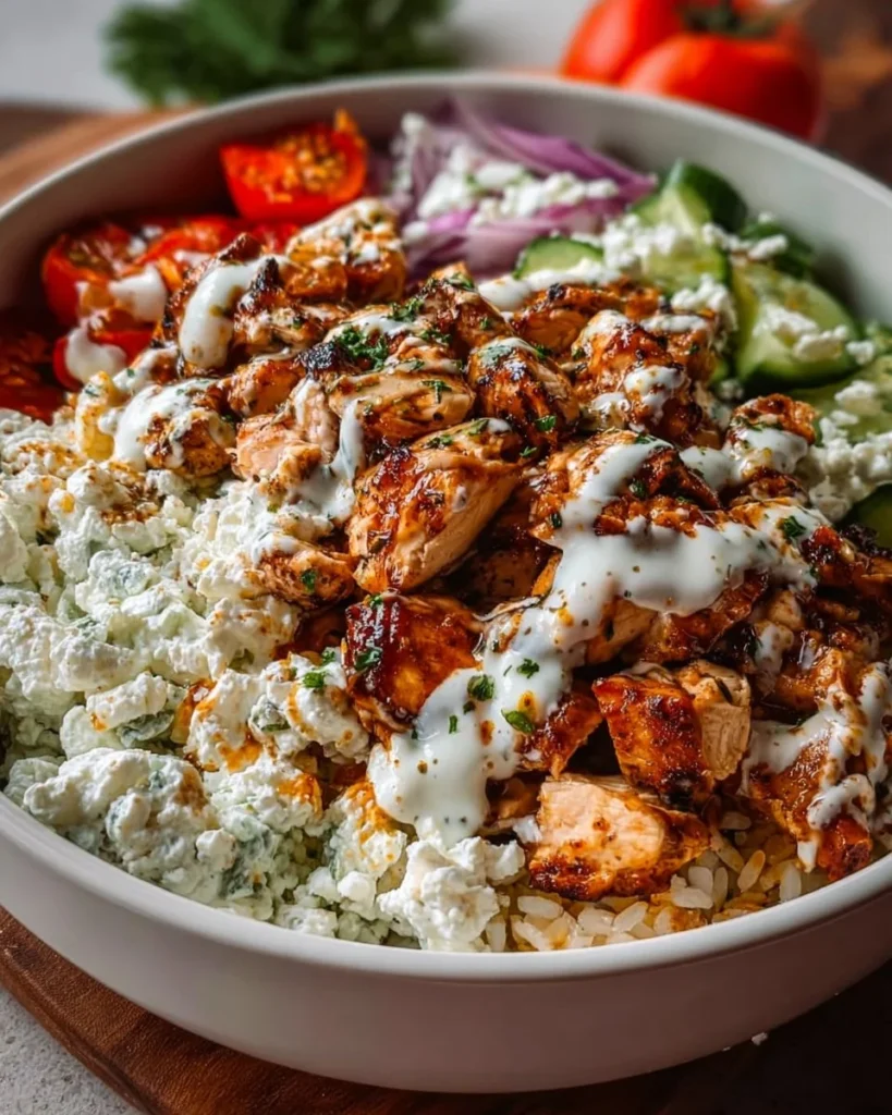 Healthy Greek chicken bowl with vegetables and feta cheese