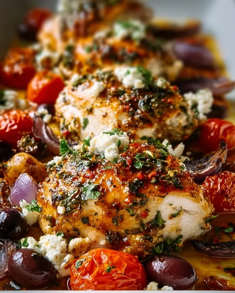 Delicious Greek Sheet Pan Chicken with vegetables on a baking sheet.
