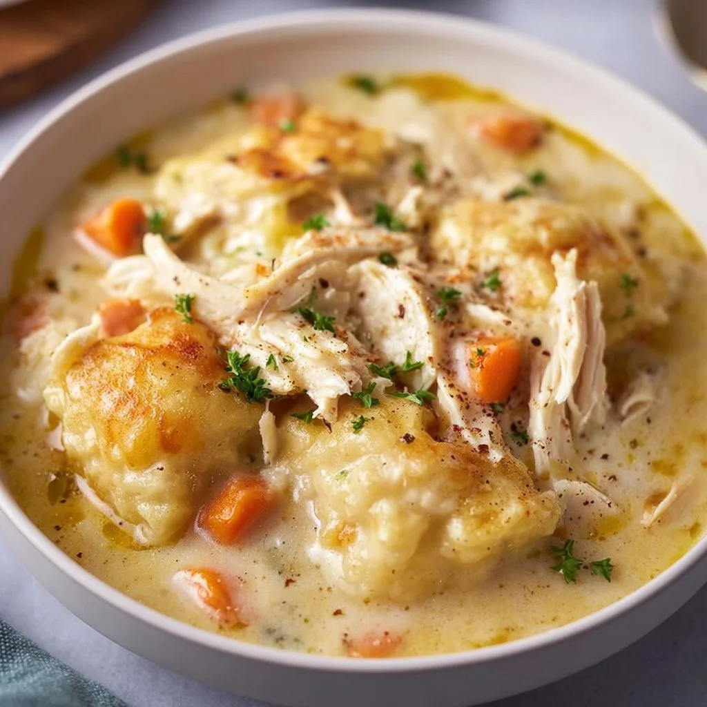 Bowl of healthy chicken pot pie soup with vegetables and herbs