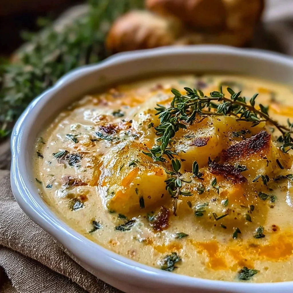 Bowl of hearty cheddar garlic herb potato soup topped with fresh herbs