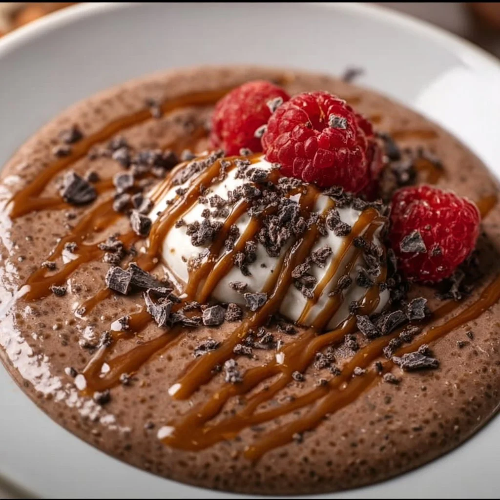 A bowl of high protein chocolate chia seed pudding topped with berries and nuts