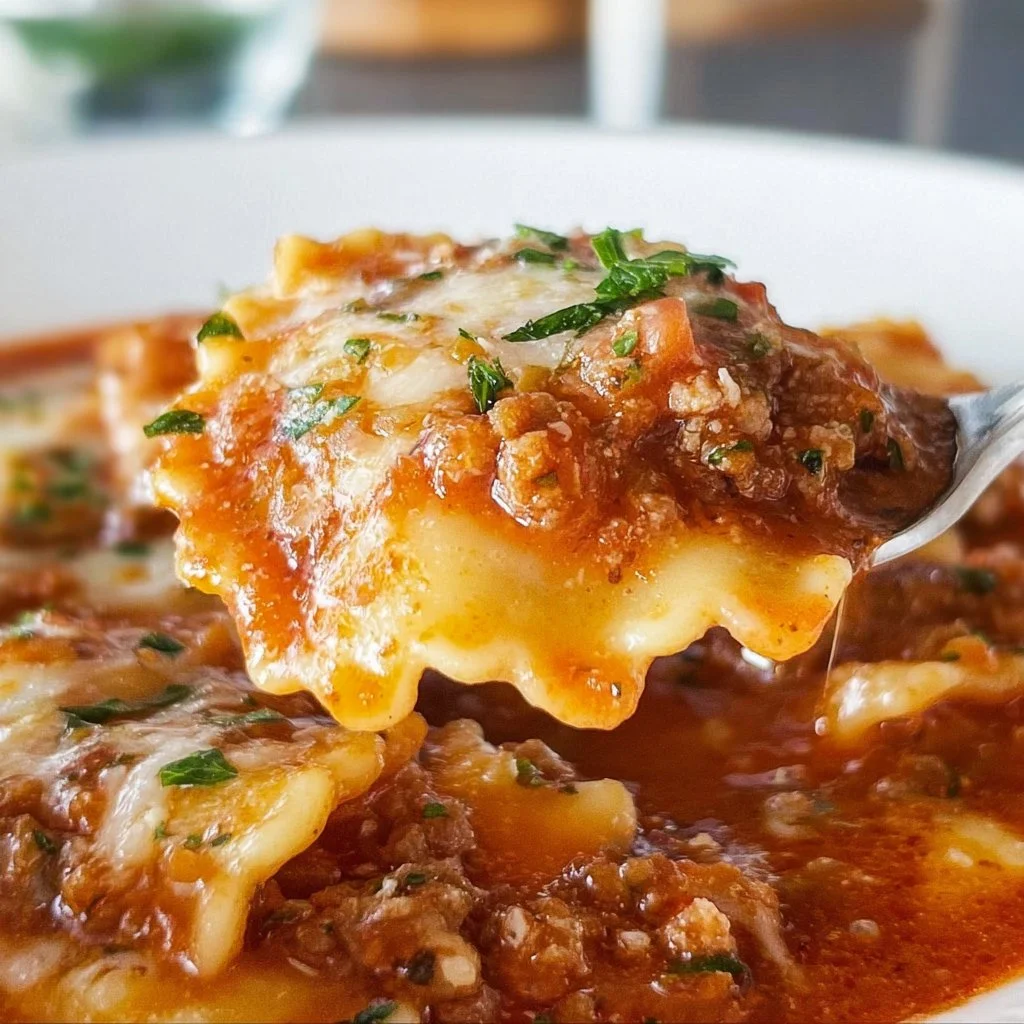 Delicious high protein lasagna soup in a bowl, topped with cheese and herbs.