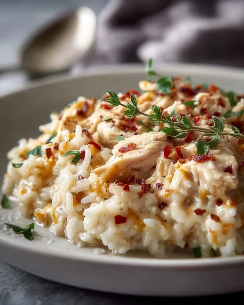 Bowl of Instant Pot creamy chicken and rice topped with parsley
