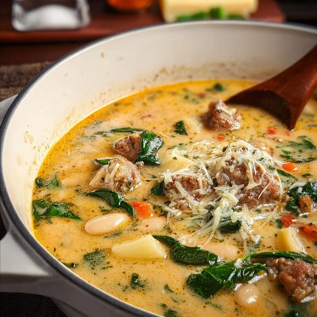 Delicious bowl of Italian Sausage and White Bean Soup garnished with herbs.