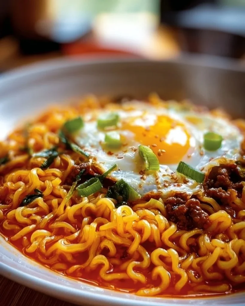 Bowl of Korean Spicy Ramen with Beef topped with green onions and chili spices