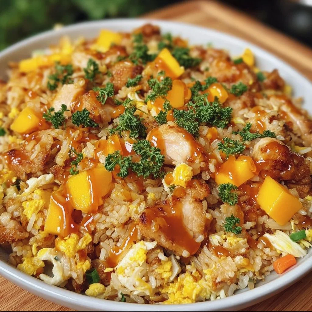 Delicious plate of Mango Chicken Fried Rice with vibrant tropical flavors.