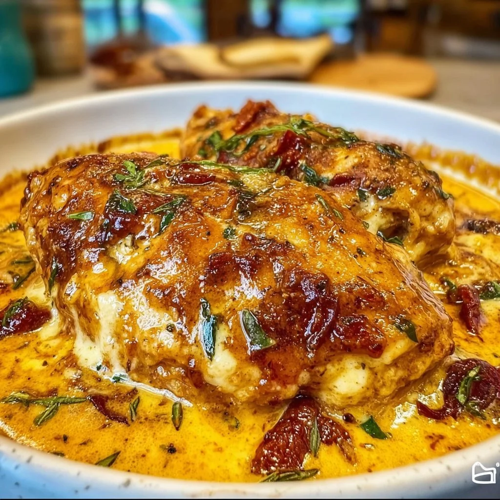 Creamy Marry Me Chicken served on a plate with herbs and pasta.