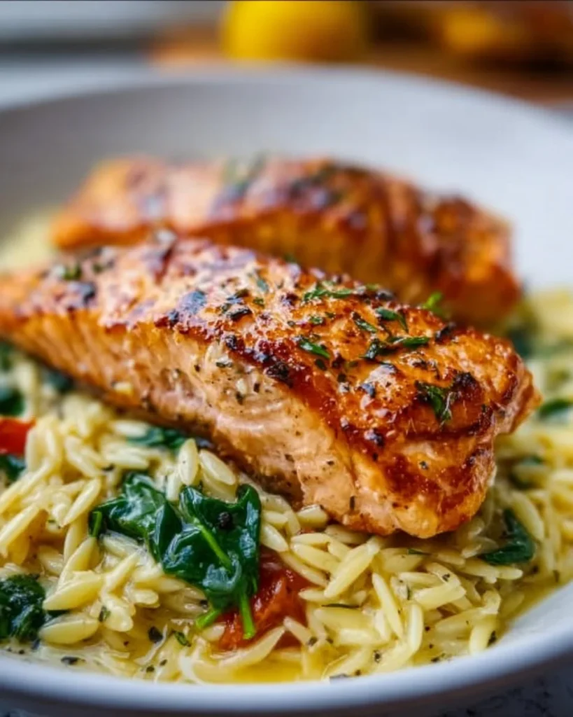 Mediterranean Salmon served with lemon orzo on a plate