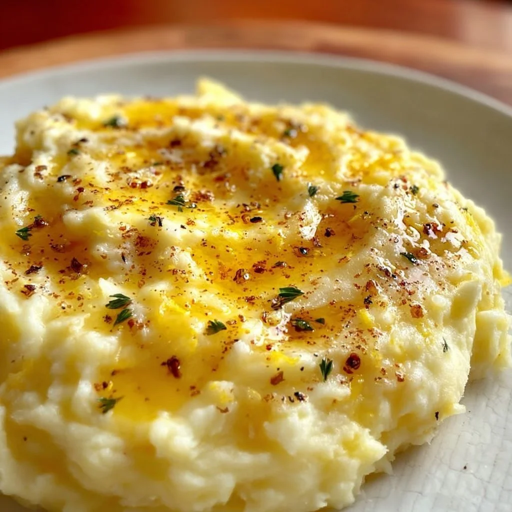 Meyer Lemon Mashed Potatoes served in a bowl with fresh herbs