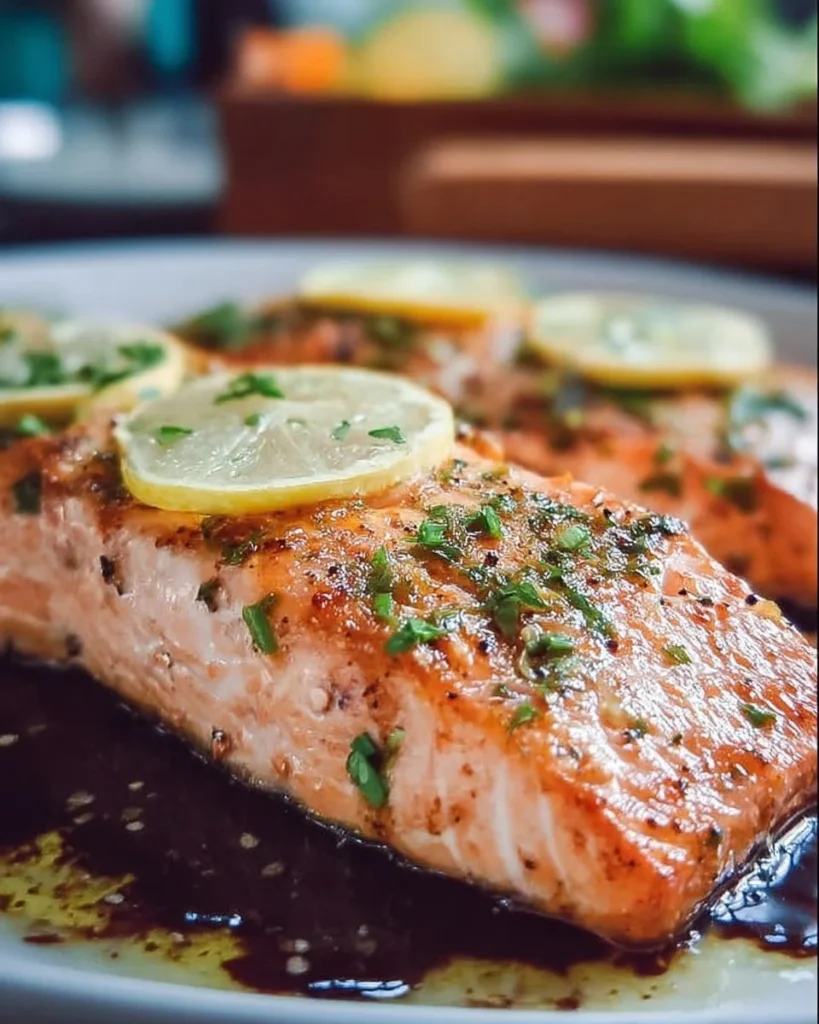 Oven roasted salmon fillets garnished with herbs and lemon on a plate