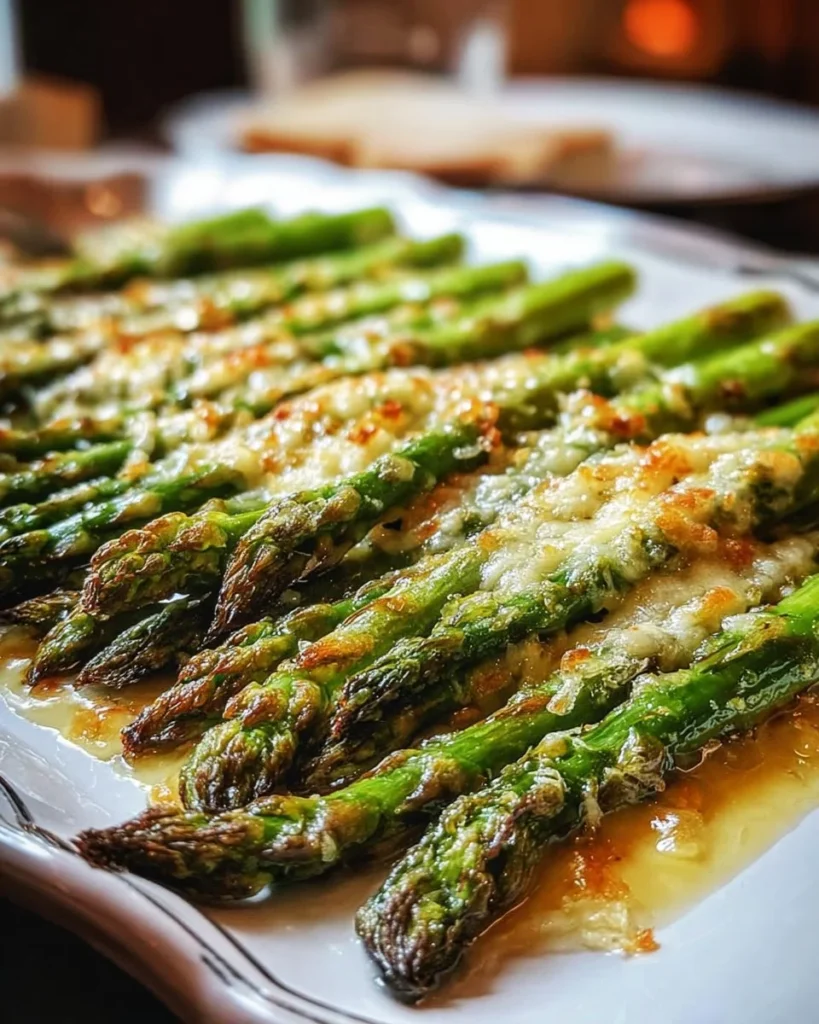 Plate of Parmesan Roasted Asparagus with a crispy golden topping