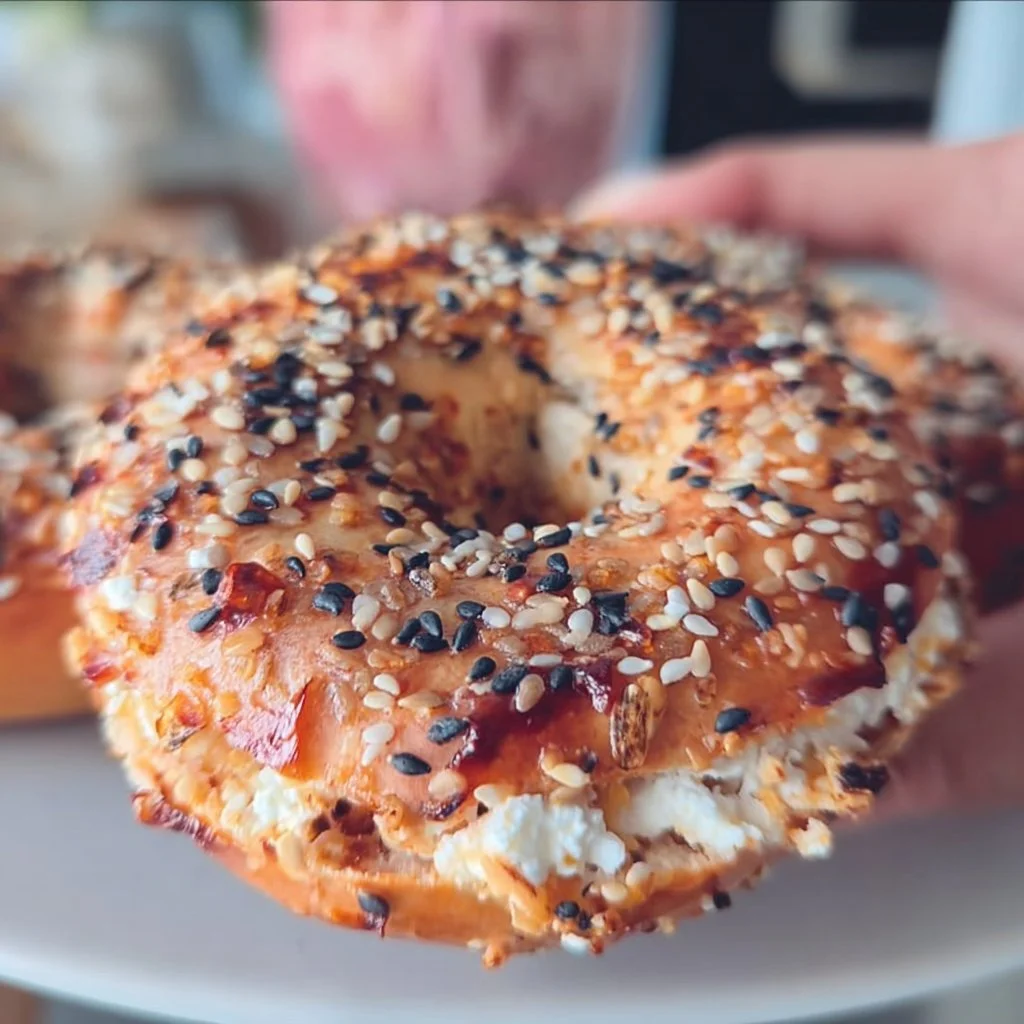 Delicious homemade protein bagels with cottage cheese on a wooden board.