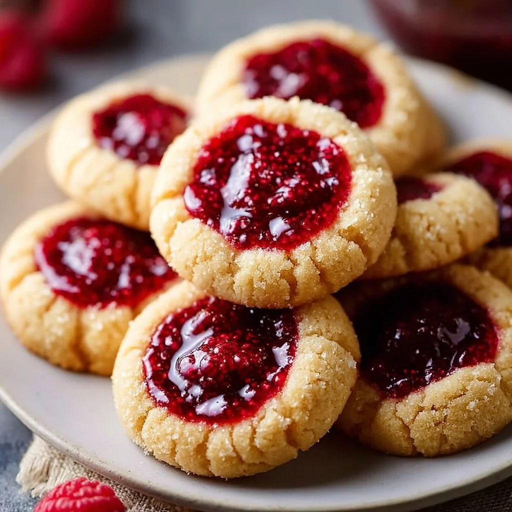 Plate of delicious raspberry thumbprint cookies topped with raspberry jam