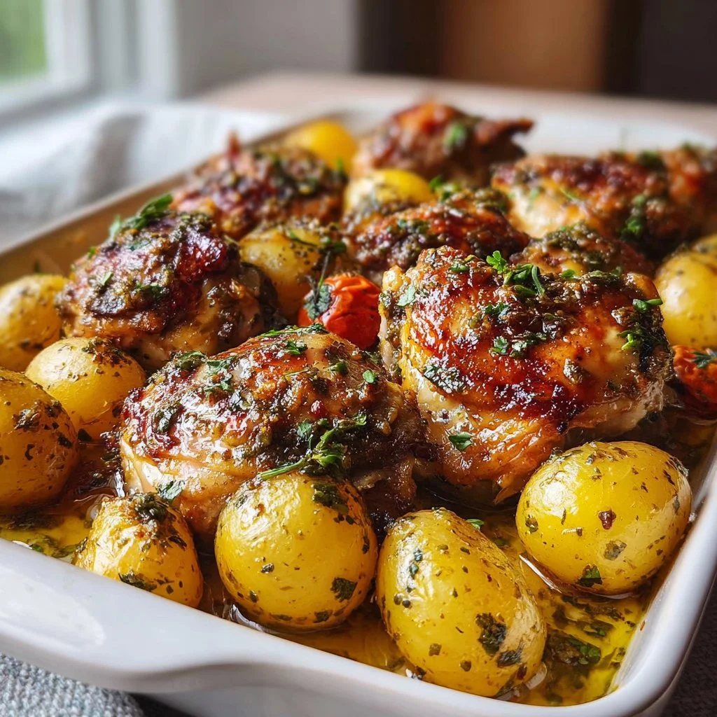 Roasted Mediterranean chicken thighs served with baby potatoes