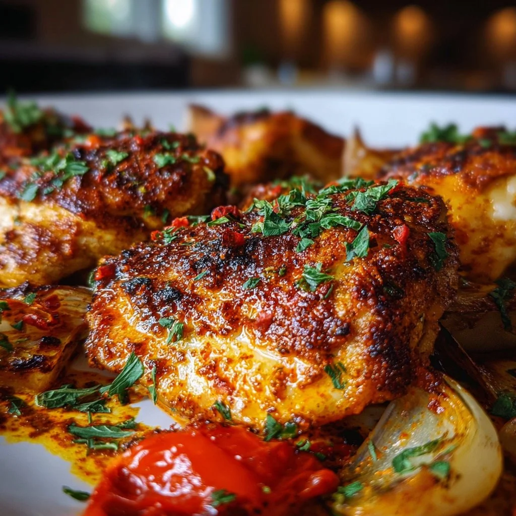 Deliciously roasted Sheet Pan Harissa Chicken with vibrant vegetables