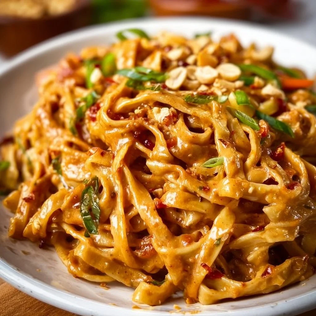 Recipe for spicy peanut butter noodles with vibrant ingredients