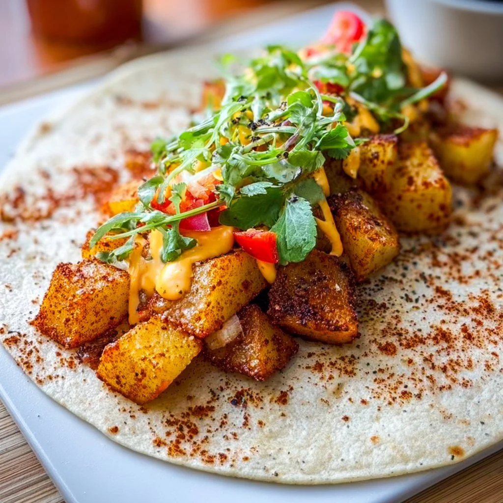 Delicious spicy potato soft taco served with fresh toppings