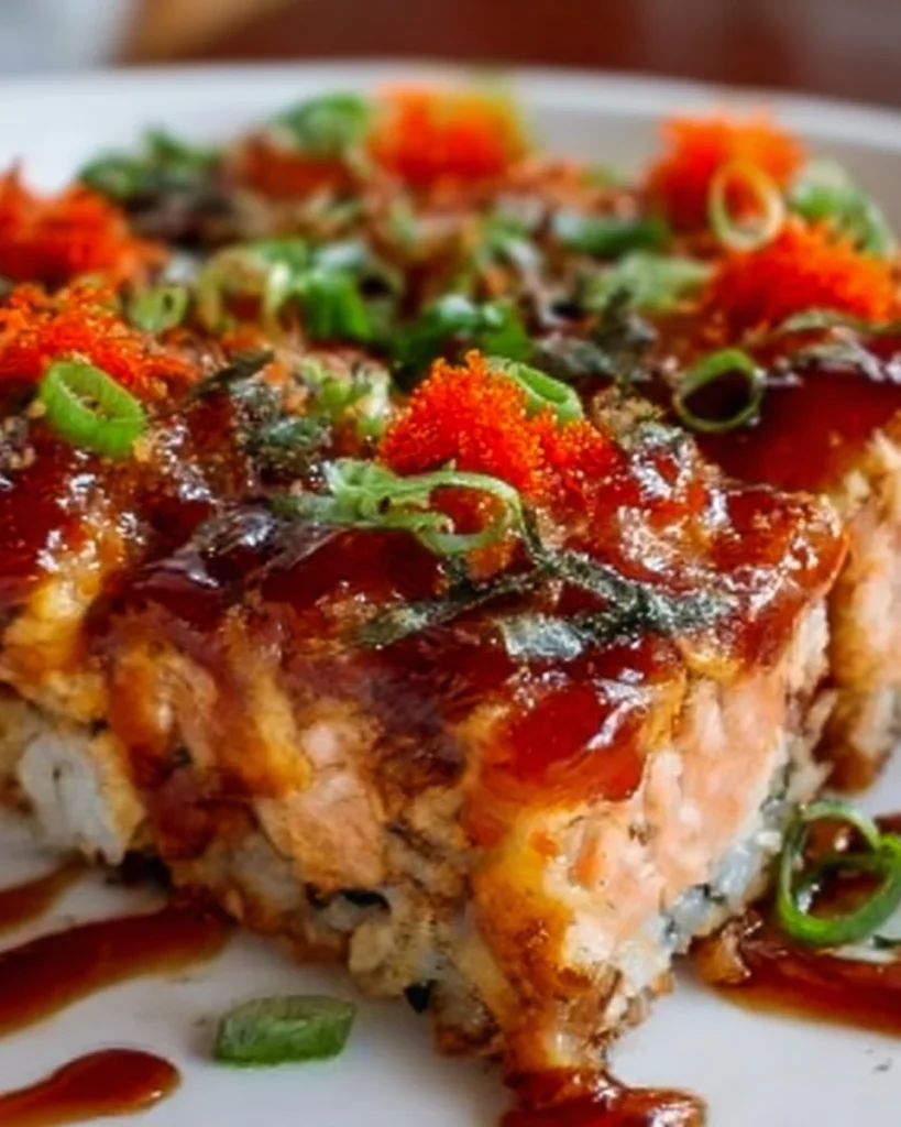 Spicy Salmon Sushi Bake fresh out of the oven, ready to be served.