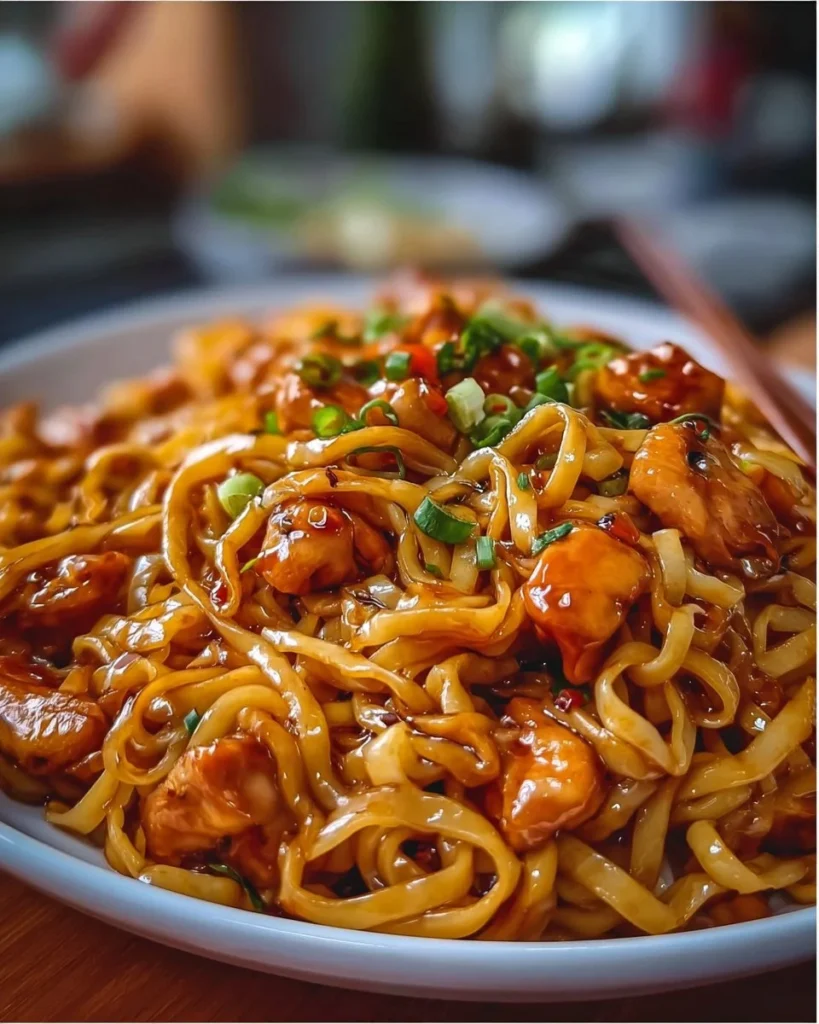 Delicious sticky garlic chicken noodles served in a bowl with herbs.