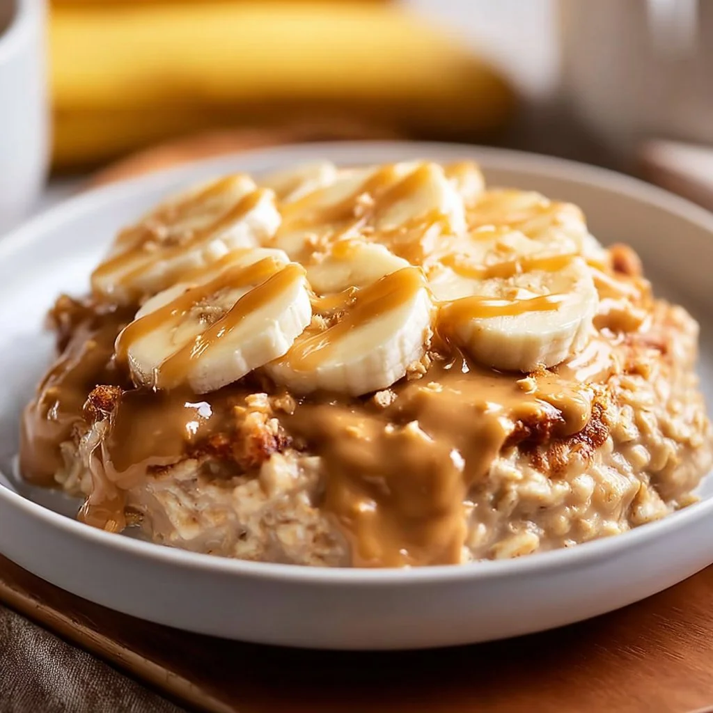 Delicious sweet peanut butter banana overnight oats in a glass bowl