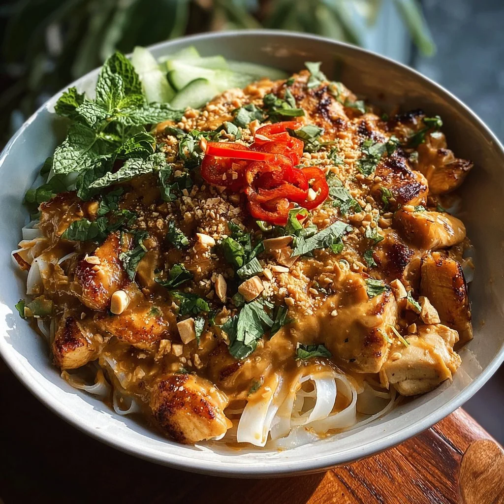 Delicious Thai Peanut Chicken Noodle Bowls with vibrant ingredients