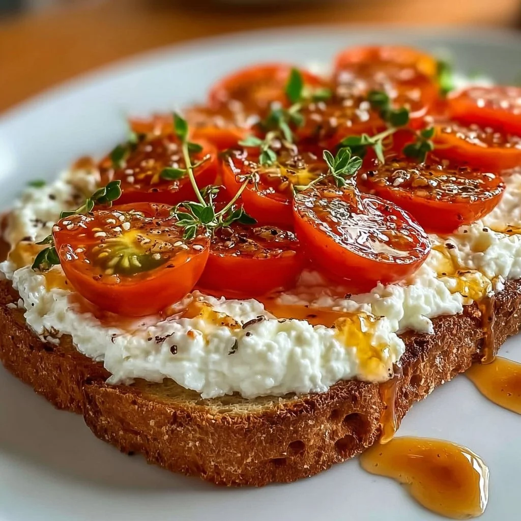 Tomato and cottage cheese toast on a rustic wooden table