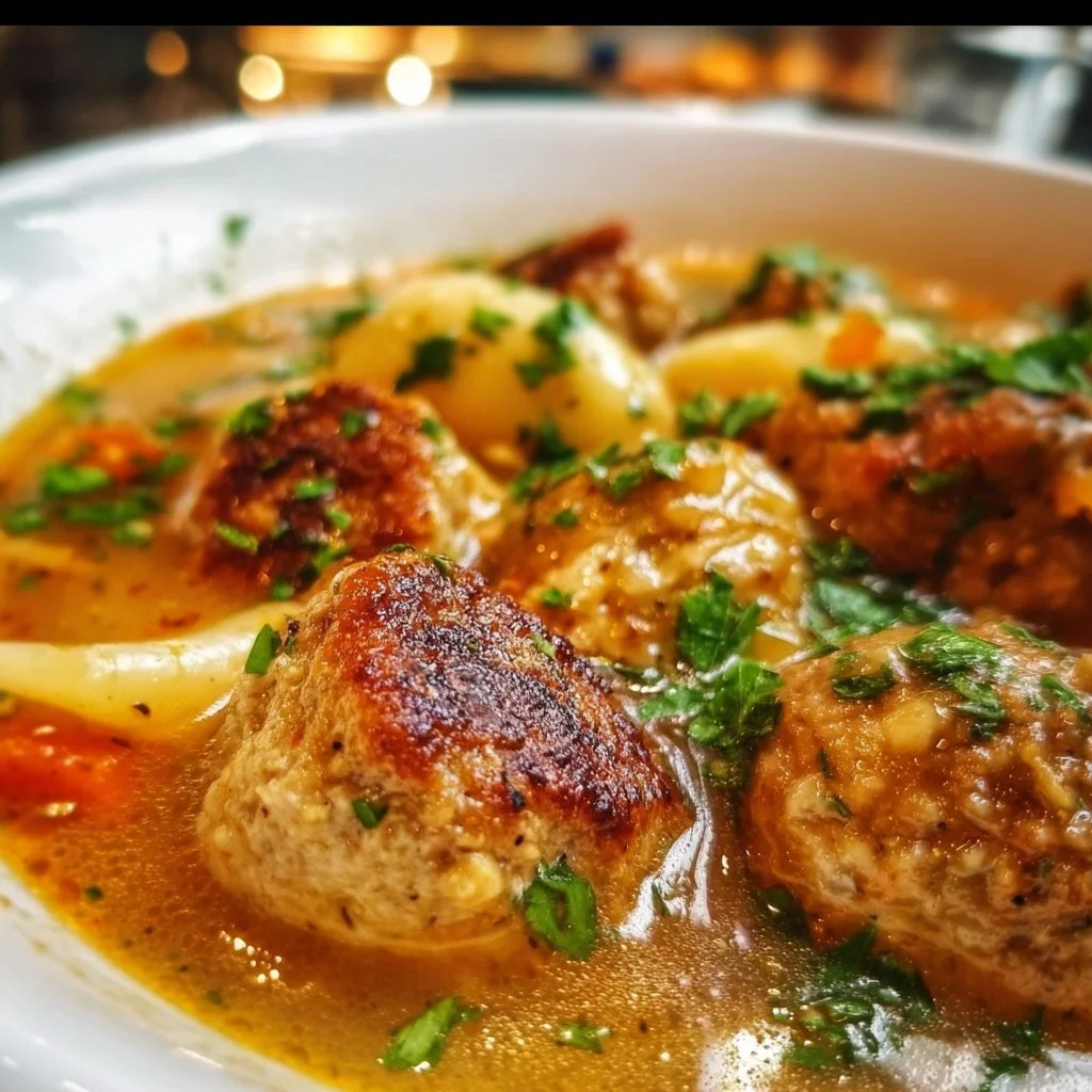 Delicious bowl of Turkey Meatball Soup garnished with herbs